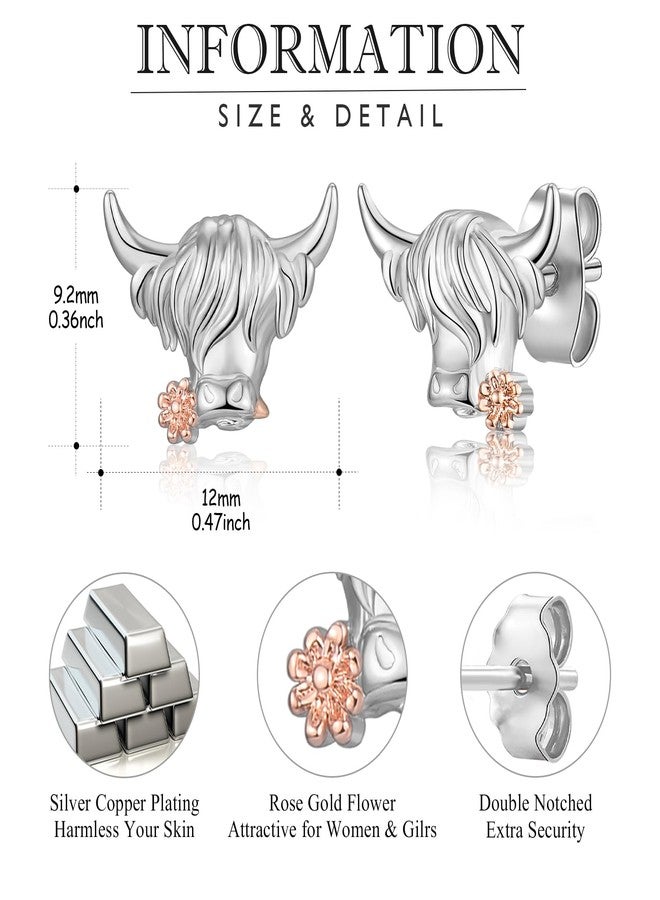 EPIRORA Highland Cow Stud Earrings for Women Girls, White & Rose Gold Plated Hypoallergenic Silver Earrings Jewelry Decor, Cute Scottish Cow Animal Ear Studs Statement Jewelry Gifts for Her - Image 4